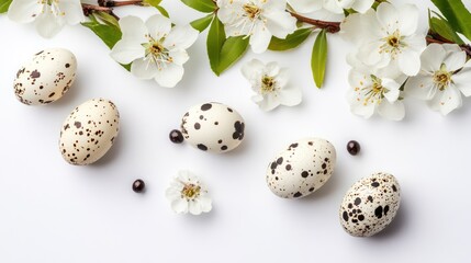 Obraz premium Springtime Quail Eggs & Blossoms Flatlay