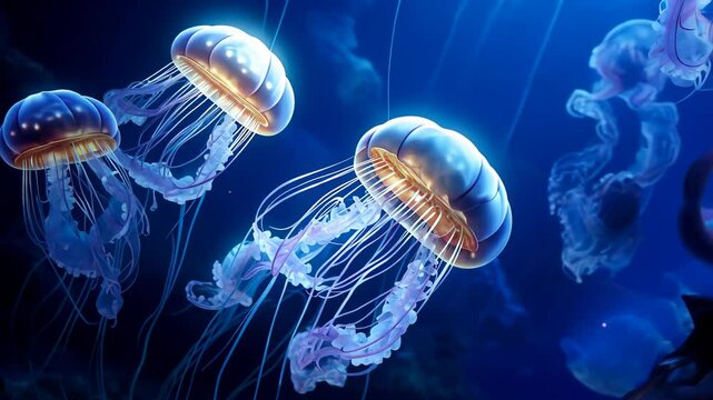 Luminous Jellyfish floating in the mysterious sea. Breathtaking underwater glow Modern scene.