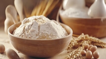 Fototapeta premium Wooden bowl of flour, baking ingredients, kitchen, rustic setting, recipe
