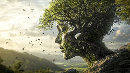 transformation metamorphosis identity tree of life morphing into human form, symbolizing growth and identity shifting through nature, showcasing personal metamorphosis in a tranquil, natural