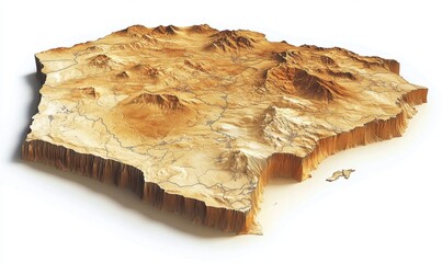 3D relief map of island terrain, showing mountains and roads, isolated on white; for geography education