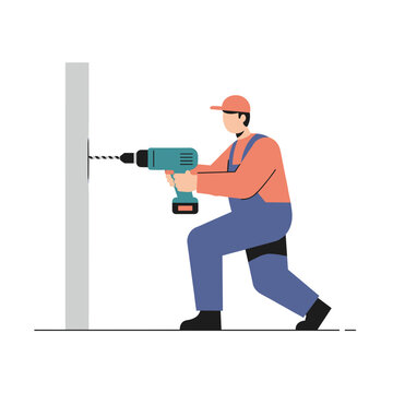 Construction worker drilling a wall against a plain background  