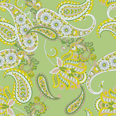 Madhubani, Kalamkari, Chinz, and Kani seamless pattern. Shirting fabric, Ajrakh and Ikat styles. Patola backdrop. Vector Floral allover design