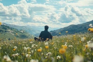 Fototapeta premium Peaceful contemplation amidst a mountain meadow.