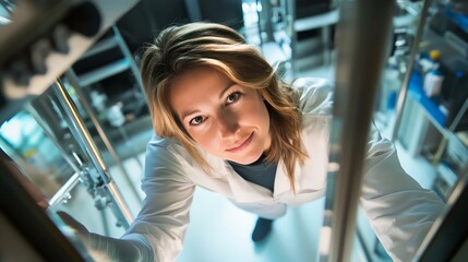 Fototapeta premium Female researcher in a laboratory focused on scientific experimentation and innovation, wearing a lab coat and gloves, engaging in her work.
