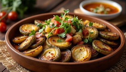 Fototapeta premium Deliciously presented warm roasted vegetables in rustic bowl, culinary art