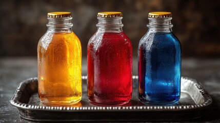 Trio of Colorful Cocktail Syrups on Silver Tray