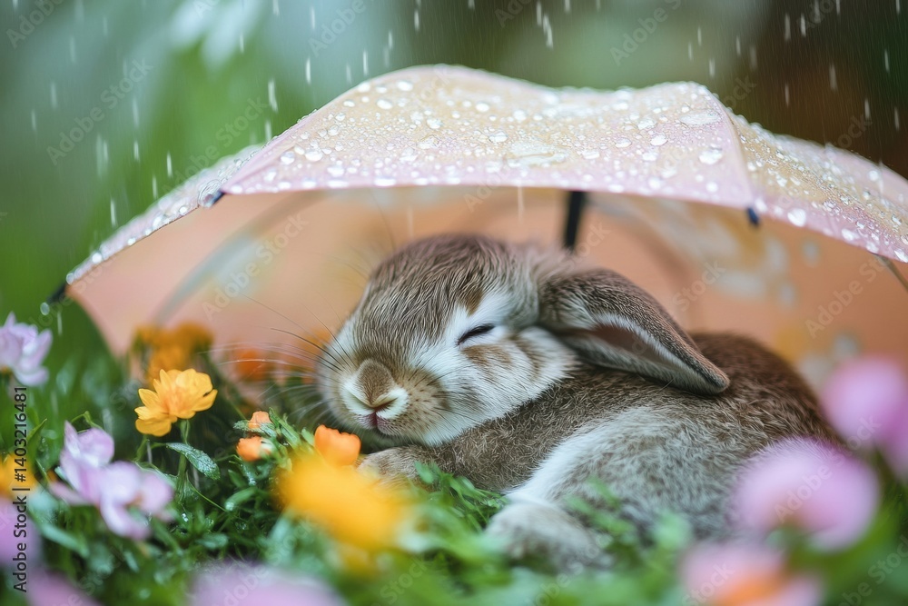 Poster sleeping bunny enjoys a gentle spring rain under a charming flower umbrella in a serene garden setti