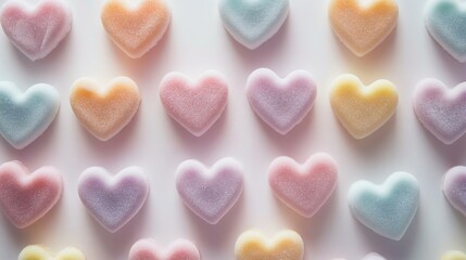 Obraz premium Colorful heart-shaped gummy candies arranged in a perfect pattern, featuring pastel shades of pink, blue, and yellow on a white background.