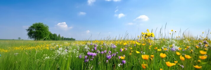Nature Spring Landscape with A Field of Wild Yellow Buttercups, Green Trees and White Clouds in Blue Sky. Image of a beautiful field of yellow buttercup flowers blooming in the evening sunlight 