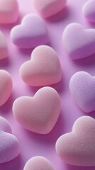 Obraz premium Colorful heart-shaped sponges in pink and purple hues on a soft pastel background, perfect for Valentine's Day and romantic themes.