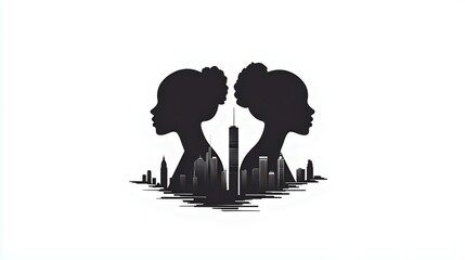 Silhouettes of two women with city skyline integrated, representing urban culture, connection, and identity in a modern artistic style.
