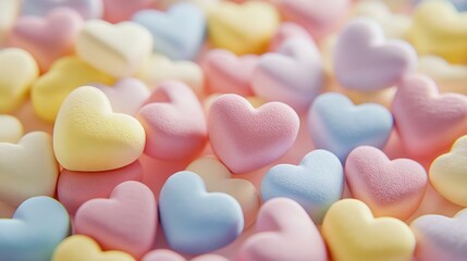 Colorful heart-shaped candies in pastel shades create a delightful and sweet background for romantic occasions or celebrations.