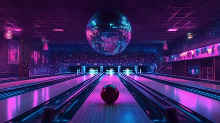 A vibrant bowling alley featuring neon lights, a disco ball, and a bowling ball on the lane, creating a fun and lively atmosphere for social gatherings.