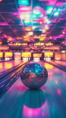 A vibrant bowling alley scene featuring a shimmering bowling ball reflecting cosmic colors under neon lights, creating an energetic atmosphere.