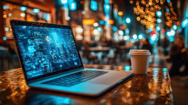 Laptop displaying city data overlay at night cafe