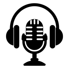 Podcast icon with headphones and microphone, ideal for audio production, radio broadcasting, podcast logo design, streaming apps, sound recording, online radio branding, media platforms