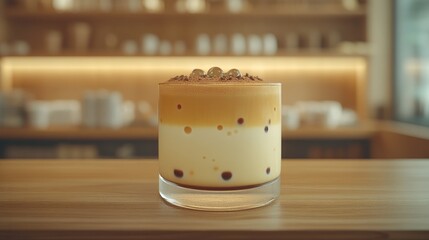 Layered coffee drink with whipped cream and toppings.  A delightful beverage, expertly crafted, presented in a glass