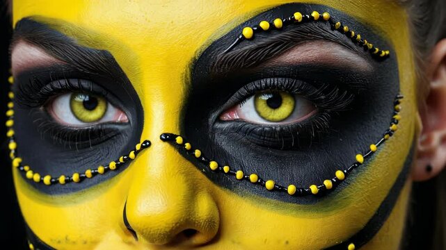 Close-up of a person&rsquo;s eyes with bold yellow and black bee-like face paint, enhanced with beads and dramatic makeup on a dark background