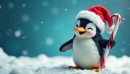 A cheerful penguin wearing a Santa hat holds a large candy cane joyfully , celebration, winter
