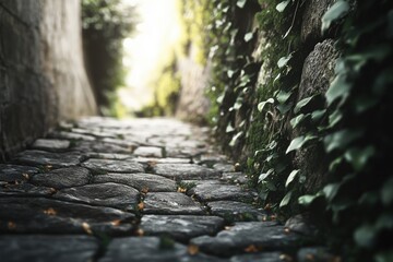 A narrow cobblestone pathway lined with ivy-covered stone walls.