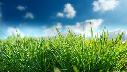 Fototapeta premium Green Grass Close Up with Blue Sky and Clouds