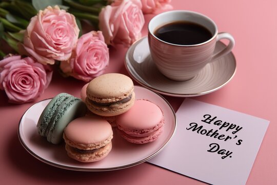 Happy Mothers Day Pink Roses and Heart Shape Tea Cup. Happy Mothers Day Pink Roses and Heart Shape Tea Cup, with macarons on vintage style distressed pink wood table. 