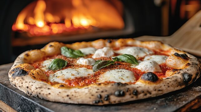 Freshly baked neapolitan pizza emerging from wood fired oven