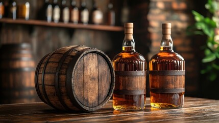 Aged Whiskey in Wooden Barrel and Bottles