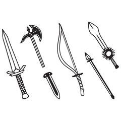 RPG weapon icon set vector illustration, vector fantasy game sword collection, dungeon dragon battle attack object kit: magic sorcerer staff, warrior dagger, medieval bow, arrow, 