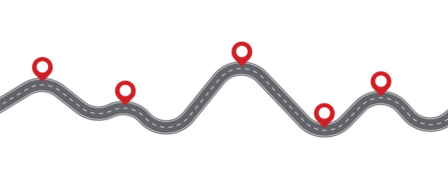 Abstract vector illustration of curve winding asphalt road infographic isolated on a transparent background. Way location, direction, highway, transportation, timeline concept template