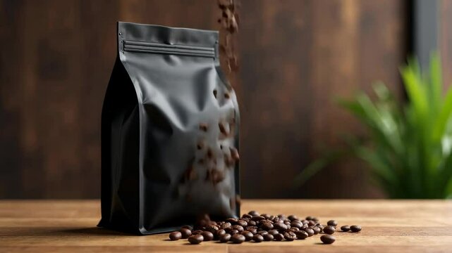 Black matte coffee pouch standing on wooden table with roasted beans scattered, photographed in a natural setting, concept of packaging design
