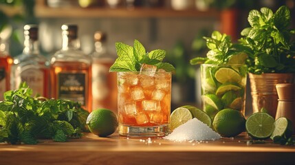 Amber Cocktail on Bar Countertop with Ingredients