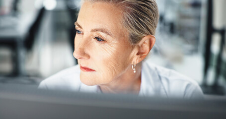 Thinking, scientist and woman with computer, healthcare and serious for medical research on web and...