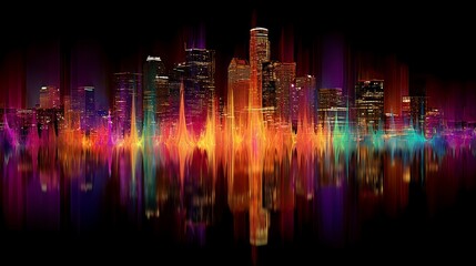 Vibrant Digital Metamorphosis of City Skyline with Colorful Waves