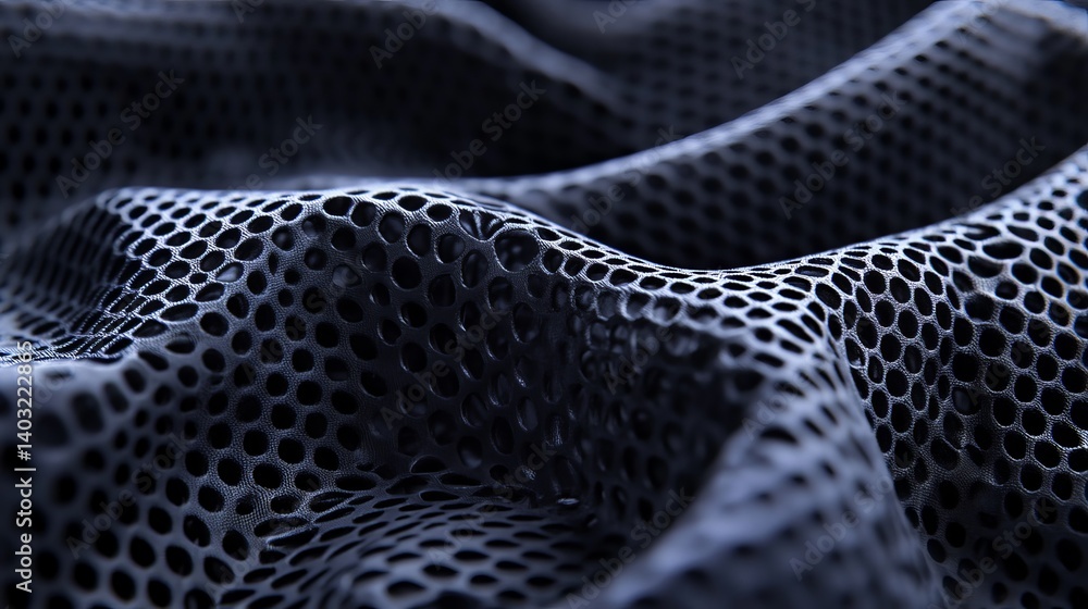 Poster close up of black mesh fabric texture for backgrounds and designs with perforated pattern and textil