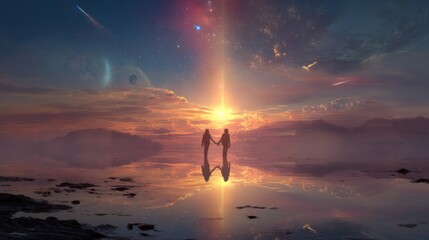 Fototapeta premium Digital Metamorphosis Art of Cosmic Landscape with Two Figures