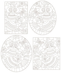 A set of contour illustrations of stained glass Windows with cats on a background of flowers, dark contours on a white background