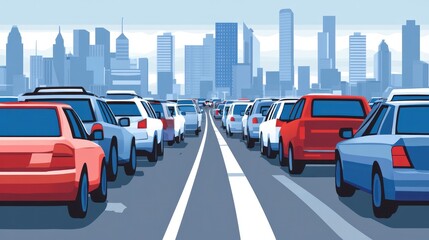 City highway traffic jam, rush hour commute, urban skyline background, illustration