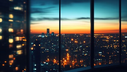 Urban cityscape view from a high vantage point at twilight.
