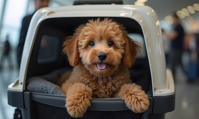 Happy Light Brown Puppy Resting in Beige Carrier Against Busy Public Background