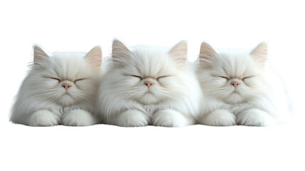 Fototapeta premium Three White Kittens Napping: Three adorable fluffy white kittens snuggle together, eyes gently closed in peaceful slumber.