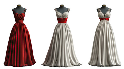 Elegant Gown Collection: Three exquisite gowns, each crafted in a different color—burgundy, gray, and ivory—all feature a delicate red sash.  The gowns are displayed on mannequins.