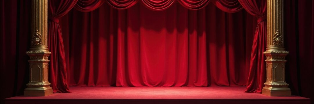 Intricate baroque proscenium arch frames a plush crimson velvet stage, antique footlights glowing , velvet, vintage