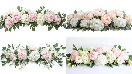 Four floral arrangements of peonies and hydrangeas.