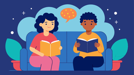 Sharing a Book Two individuals sitting sidebyside on a couch sharing a book about neurodiversity with illustrations of brain diversity and inspirational quotes floating around