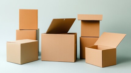 stack of corrugated fiberboard cartons in various sizes displayed against a muted backdrop offering versatility for moving services or packaging industry visuals