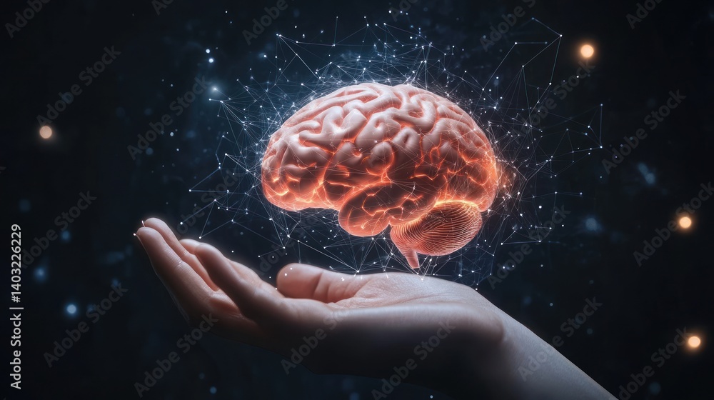 Poster a captivating visual representation of the human brain resting gently on an open palm amidst a cosmi