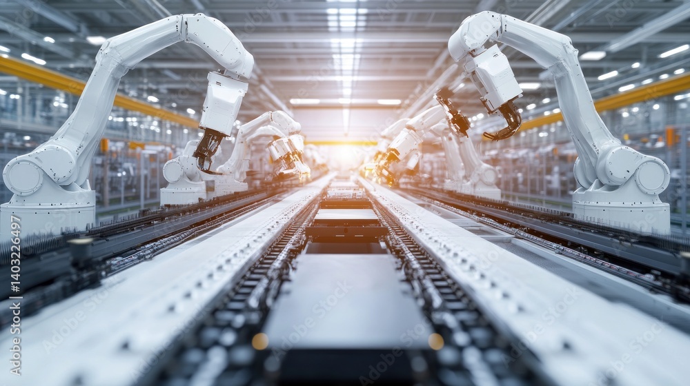 Poster futuristic industrial manufacturing landscape displaying collaborative robot arms synchronized on an