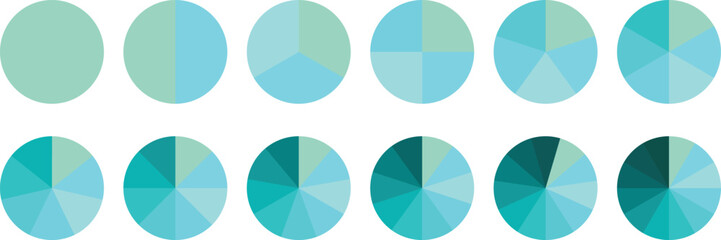 Pie chart set, segmented circle icons, circle diagram. Pie chart divided 1,2,3,4,5,6 equal parts. Color pizza or donut round diagram. Infographic wheel segment or sections parts. Vector illustration